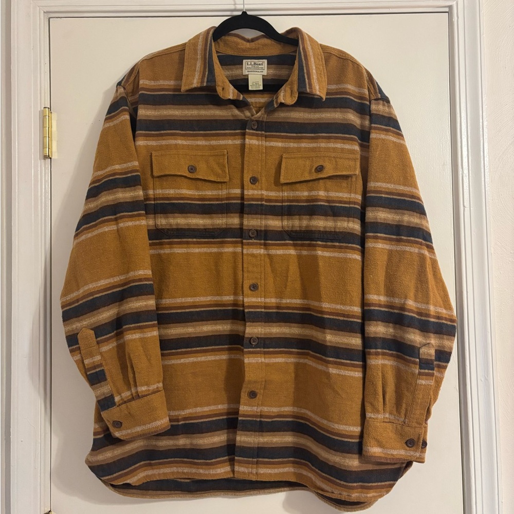 Men's L.L. Bean Chamois Flannel Shirt - Mustard & Navy Stripe